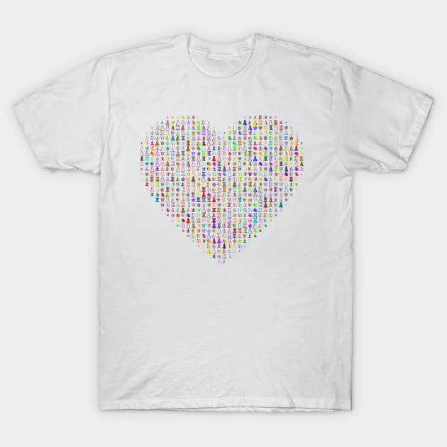 Colourful I Love Chess Pieces Heart Design T-Shirt by Sanu Designs